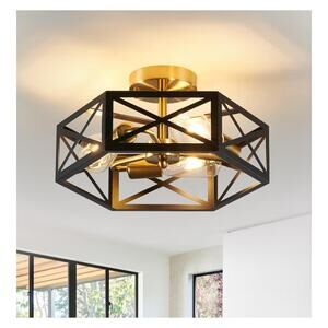 XSDeTu 3-Light Flush Mount Ceiling Light Black Gold Hexagon Cage